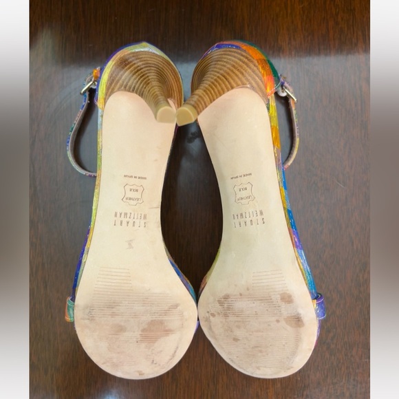 STUART WEITZMAN Metallic Rainbow Plaid Leather Ankle Strap Nunaked Sandals Heel - Picture 11 of 11